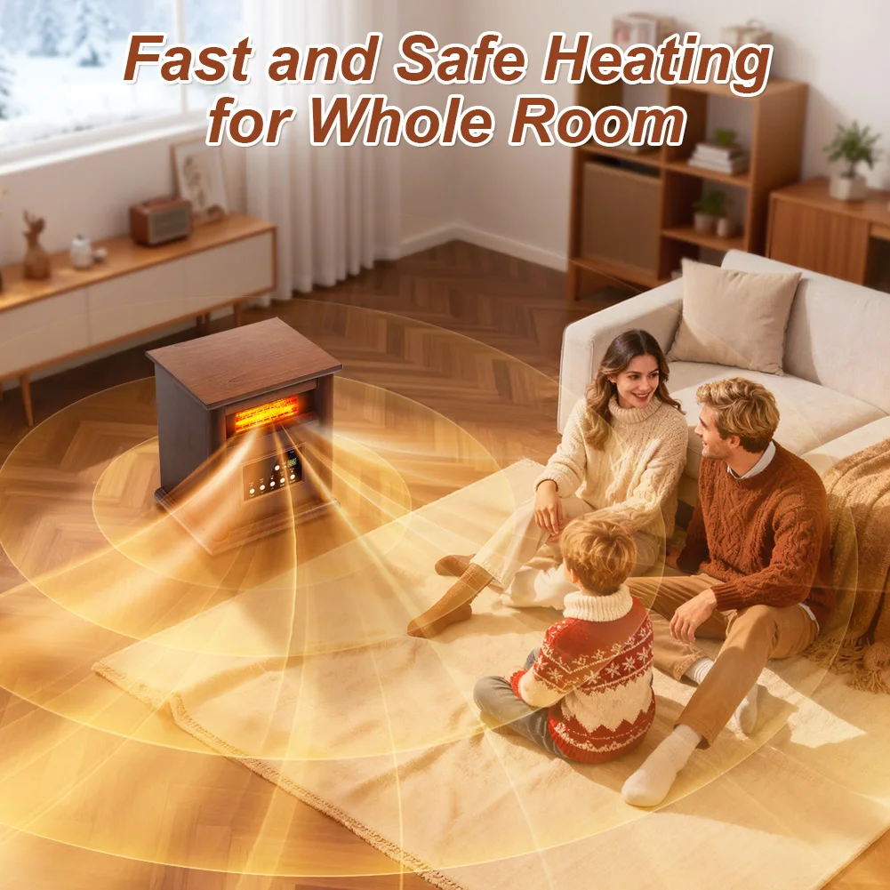1500W Electric Quartz Heater with Elegant Wood Grain Design, 4 Heating Tubes, ECO Mode, Adjustable Temperature, Remote Control, LED Digital Display, 12-Hour Timer