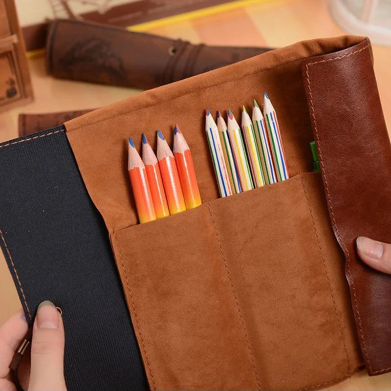 مقلمة جلدية PU خريطة الكنز لفة حقيبة أقلام رصاص حقيبة أقلام رصاص ريترو لصبي طفل العودة إلى المدرسة أنيمي لوازم مكتبية هدية