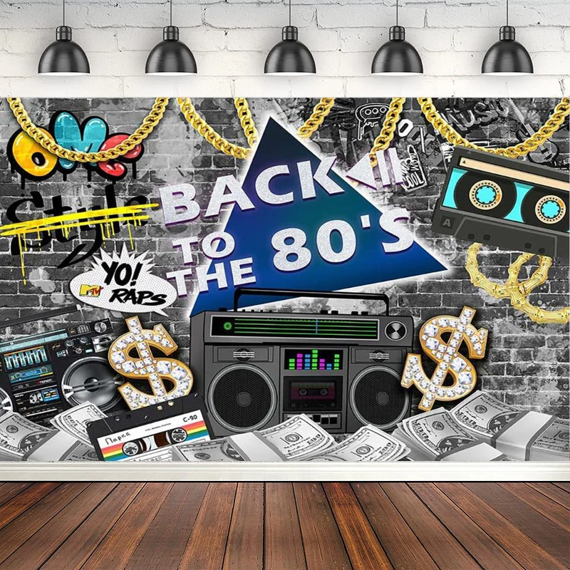 Photography Backdrop Hip Hop Grey Brick Wall Background Urban Retro Graffiti 80's Theme Birthday Party Decor Cake Table Banner