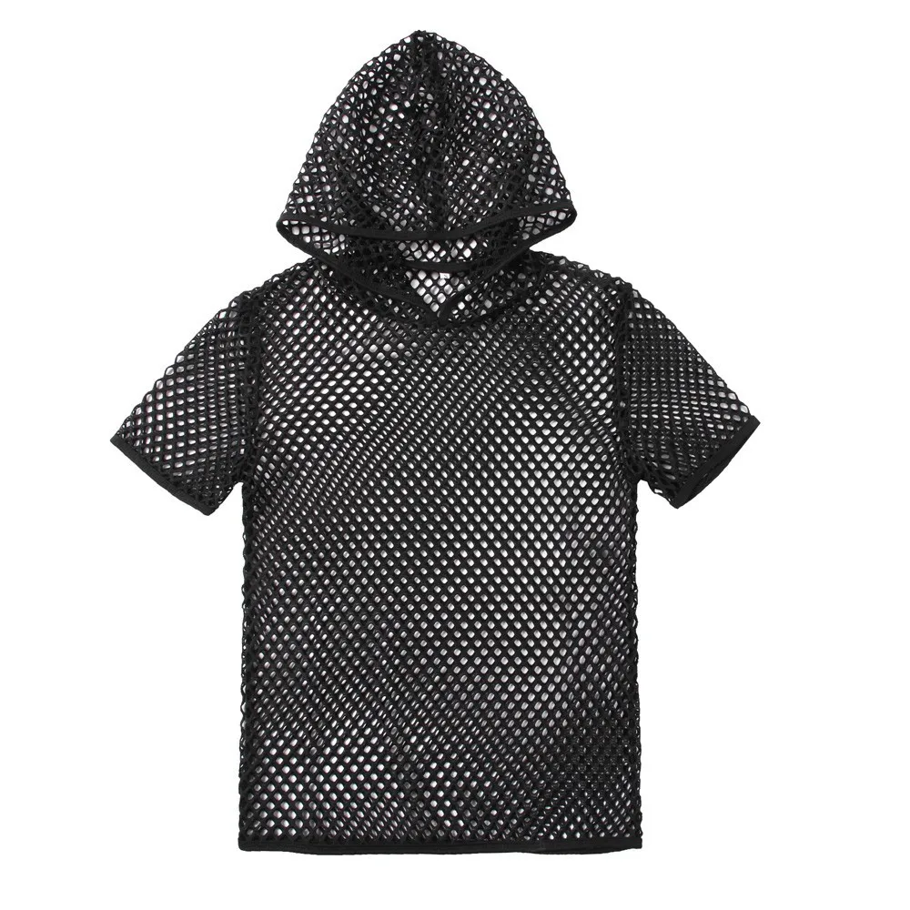 Men T Shirt Mesh Transparent Hooded T-shirts Sexy Streetwear Fashion Party Nightclub Men Black White Clothing