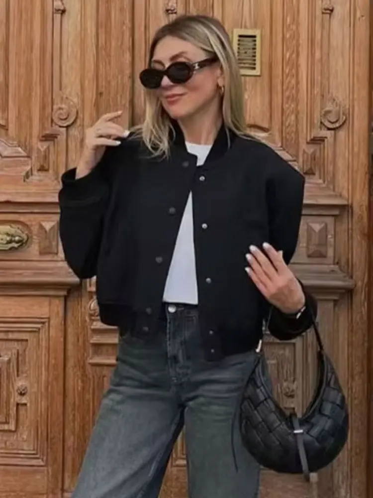 HH 2024 Autumn Female Fashion Bomber Jacket Long Sleeves Single Breasted Solid Zipper Fly Casual Coats Street Outerwear