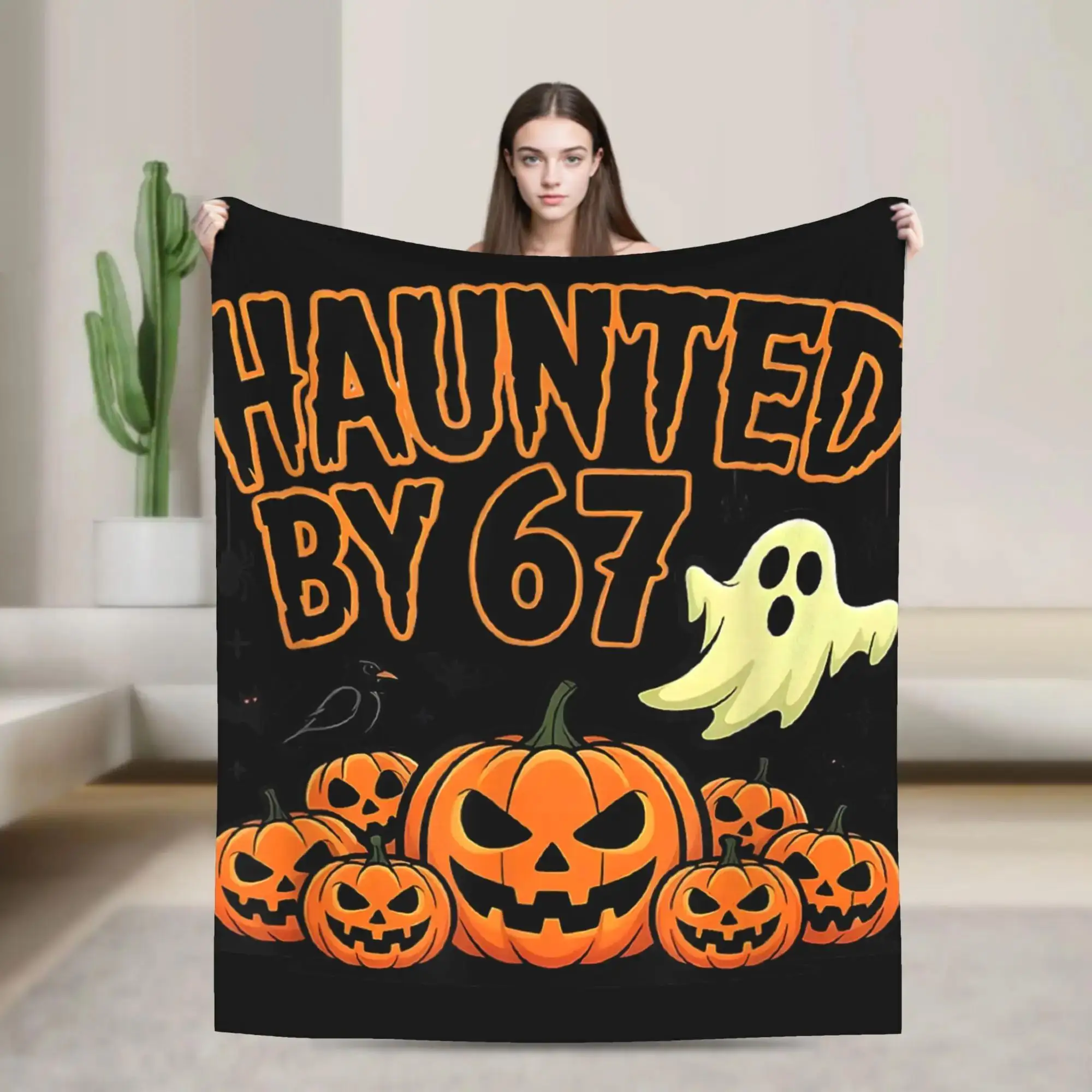 

Haunted by Funny Ghost and Pumpkin Halloween Blanket Warm Flannel Bed Cover for Couch Chair Travel Bedspread