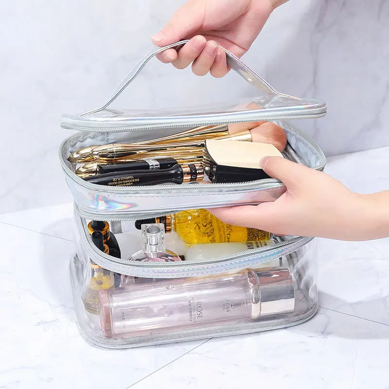 Portable Travel Toiletry Storage Bag, Large Makeup Case, Large Capacity, Waterproof, Multi-Layered Makeup Bag, Can Be Used for Travel, Makeup, Desktop Storage, Waterproof and Moisture-Proof, Double-Layered Design, Large Capacity Storage, Can Be Used to Store Cushion Foundation, Blush, Lipstick, Eyebrow Pencil, Mascara, Powder, Eye Shadow, Facial Cleanser, Essence Water, Face Cream, Etc., Double-Layered Classification Storage, Increased Capacity, Portable Handle