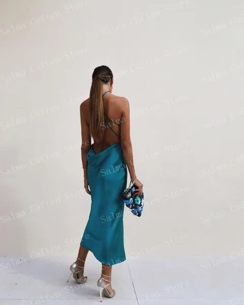 Halter Navy Blue Evening Dresses For Women Ankle Length Long Dress Sexy Satin Dress Sleeveless Open Back Women Clothing