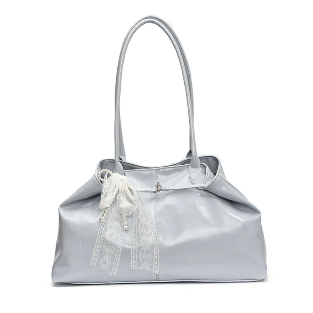

Cute PU Leather Shoulder Bag Solid Color Tote Bag Versatile Armpit Bag with Bow Lace Pendant Large Capacity Underarm Bag Girls