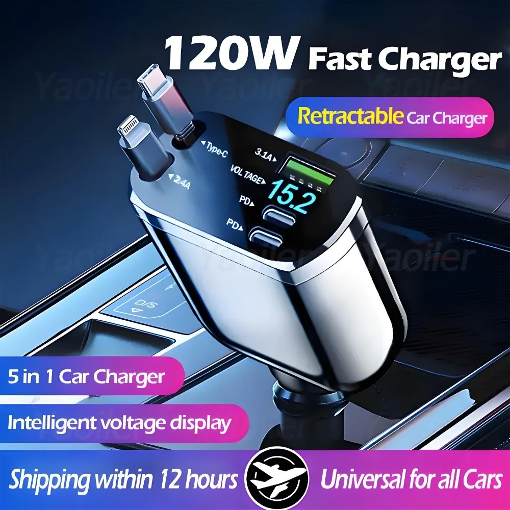 

Upgraded 5 in 1 Retractable USB Car Charger,PD Type-C 120W Car Phone Charger,New Cigarette Lighter Adapter with Triple USB Ports