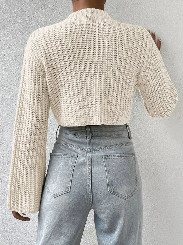 Sweater Women 2024 Autumn/Winter Solid Versatile High Waist Short Top with Horn Sleeve Half High Collar Long Sleeves Pullover