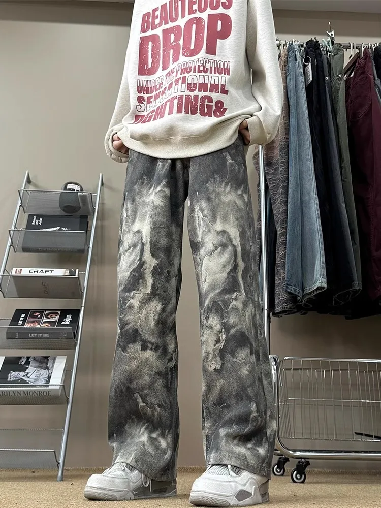 Cleanfit Men's Camouflage Dyed Denim Jeans Bla Loose Wide Leg Straight Cut Spring Autumn New Chinese Sle Youth Faion