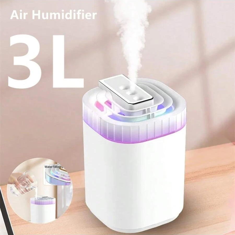 

3L Ultrasonic Air Humidifier Cool Mist Humidifier with Night Light and Three Nozzles Quiet USB Aromatic Humidifier for Home