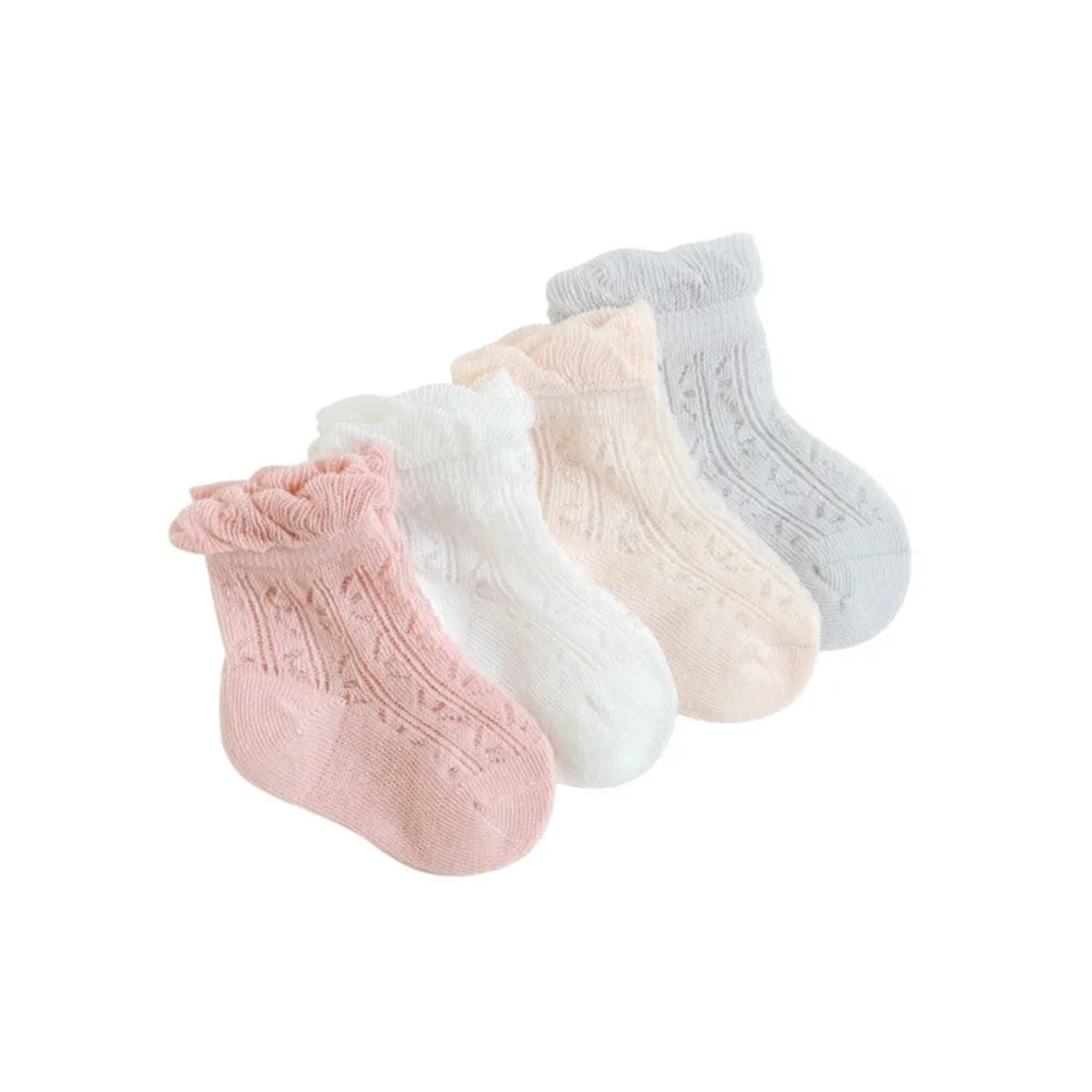 

4Pairs New Cotton Baby Ruffle Socks Non-slip Newborn Kids Mesh Tube Socks Hollow Infant Toddle Short Socks First Walkers