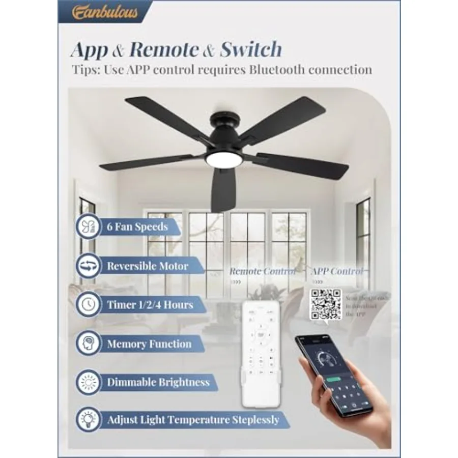 52 inch Ceiling Fans with Lights for Bedroom Living Room Kitchen, Black ABS Blades, 3CCT 20W LED, 6-Speed Quiet Reversible Moto