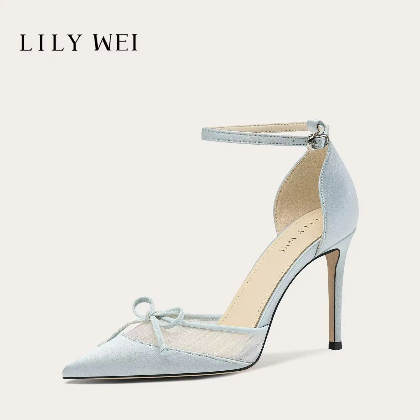Spring and Summer New Pointed Hollow Mesh Silk Bow Sandals Banquet Large Size Small Size Widening High Heels Women's Shoes