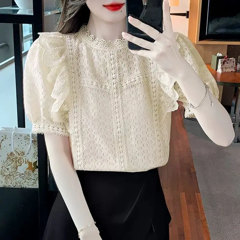 Women\'s Clothing Korean Fashion Lace Spliced Solid Color Shirt Summer All-match Elegant Female Round Neck Hollow Out Blouse