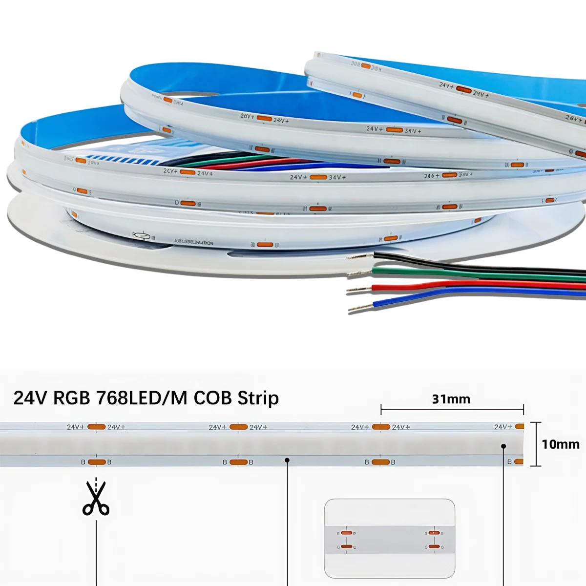Faixa LED COB - 768 LEDs/m Iluminação flexível RGB de baixa tensão para armários e decoração linear