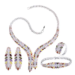 High End Gorgeous Colorful Cubic Zirconia Leaf Shape Big Wedding Party Necklace Bridal 4pcs Jewelry Sets for Women T0854