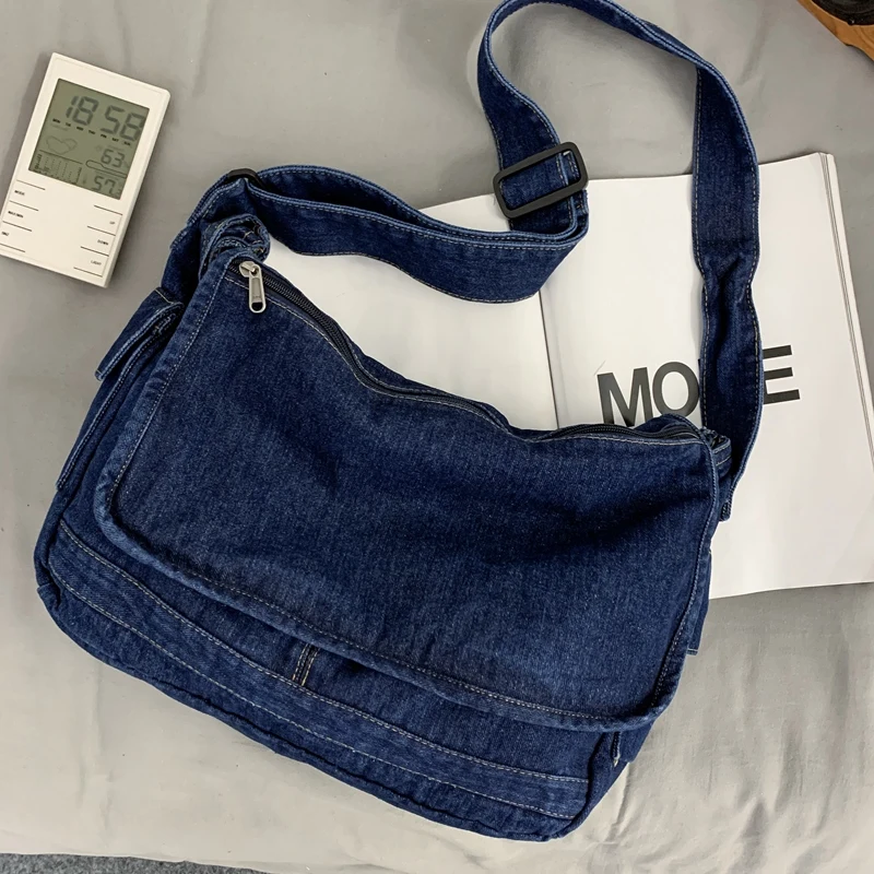 Hong Kong StyleTooling Package Large Capacity Denim Satchels Lazy Style Canvas Women Shoulder Bags Simple Crossbody Bags Man