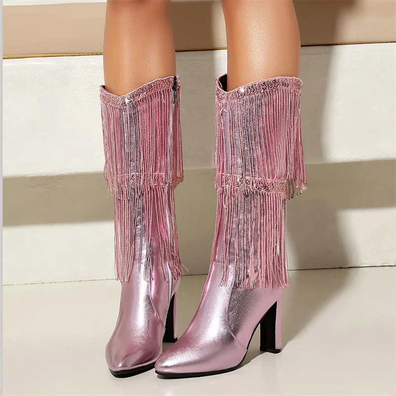 

YMECHIC 2025 Sexy Tassel Decoration Silver Pink Long Boots New Autumn/Winter Spicy Girls Show Party Women's Shoes Size 35-44