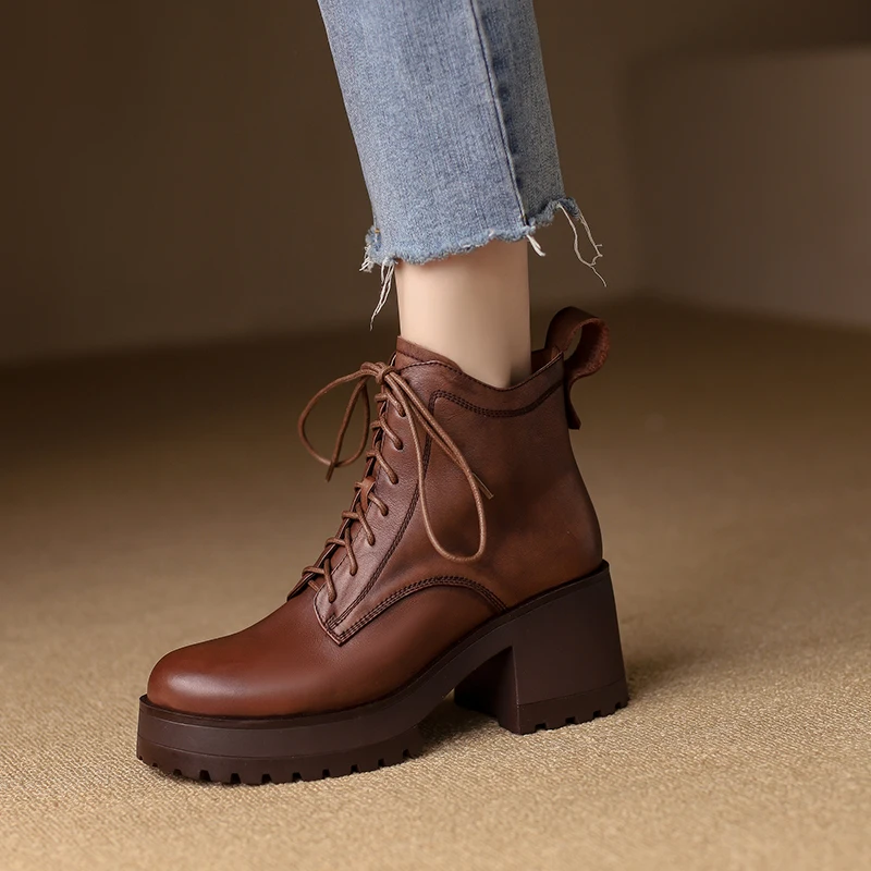 2024 Autumn/Winter Women Boots Women Shoes Round Toe Thick Heel Women Modern Boots Heels Platform Boots Genuine Leather Retro