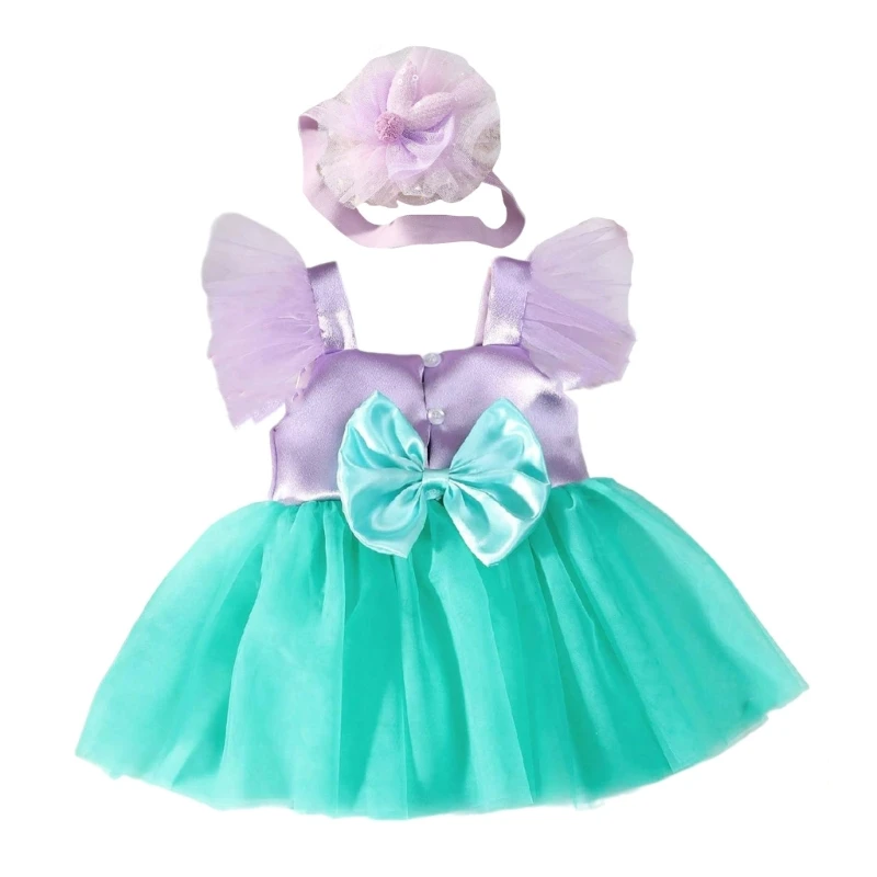 

Hand Sewn Pearls Newborns Outfit Set Color Contrasting Female Baby Bowknot Mesh Dress Headdress Props