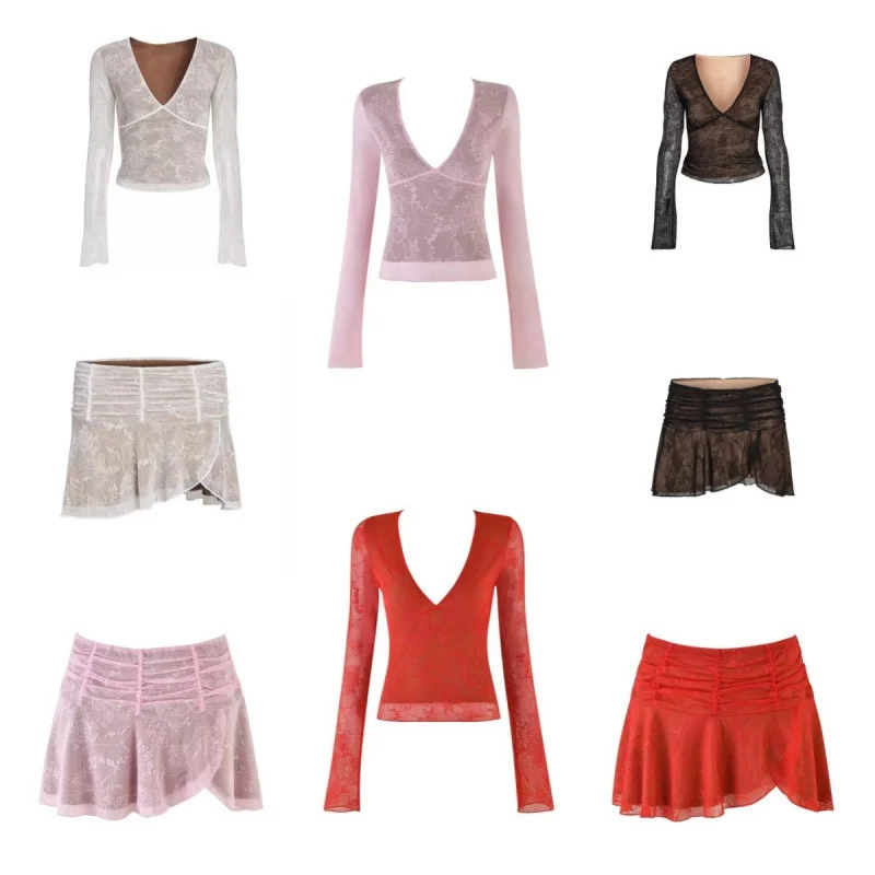 

Sexy Sweet Spicy Girl Lace Long Sleeve V-Neck See-Through Design Top Bottom Set Pure Desire Floral Pattern Polyester Fiber