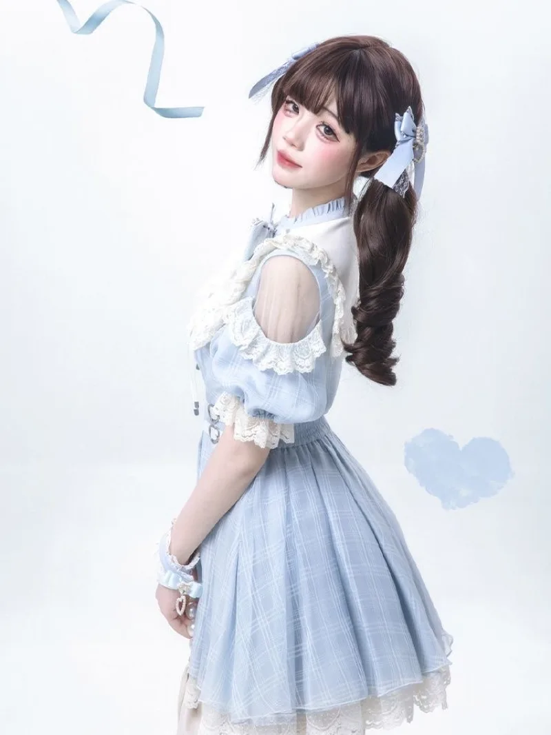Lolita Dress 2025 New Sky Blue Checkered Landmine Series Japanese Subculture Short Sleeved Dresses Set Summer Y2k Women Clothing