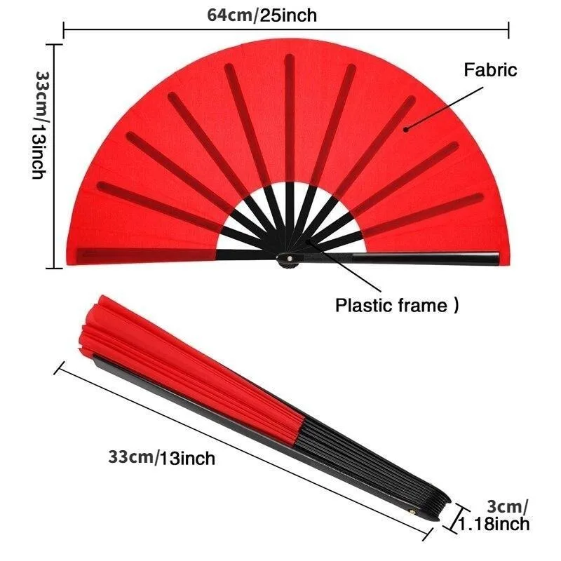 1Pc Large Folding Fan Nylon Cloth Handheld Folding Fan Chinese Kung Fu Tai Fan Decoration Fold Hand Fan for Party Favors Red