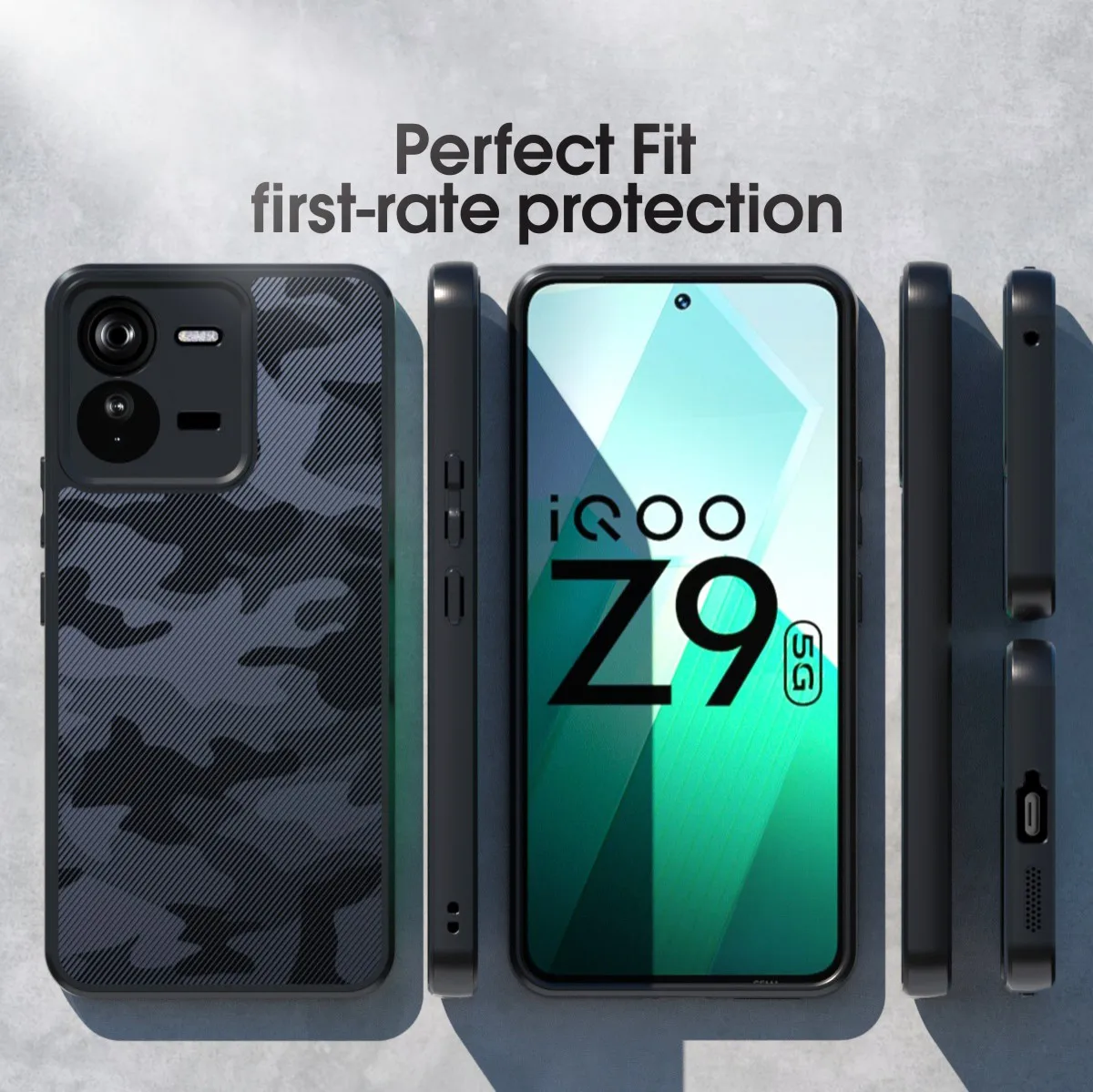 for vivo iQOO Z9 5G Case,Military Grade Drop Tested, Shockproof Matte Translucent Hard Back Slim Protective Case. Camo Black