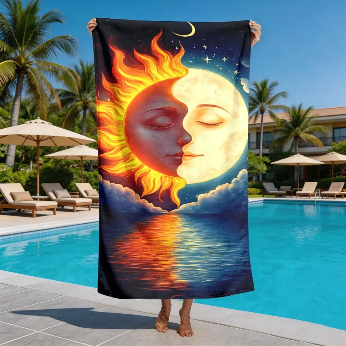 Personified day, moon, and yin-yang faces polyester microfiber beach towel is highly absorbent, suitable swimming beach outings