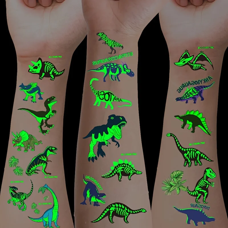 12 Sheets Luminous Dinosaur Temporary Tattoos For Boys Cute Cartoon Dino Tattoo Stickers Glowing Body Art Waterproof Fake Tattoo