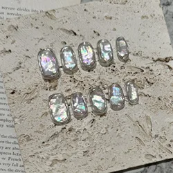10 Pcs Short Square Cute Press on Nails Colourful Cellophane Aurora Shell Shiny Fake Nails  Wearable Full Cover Nail Tips Art