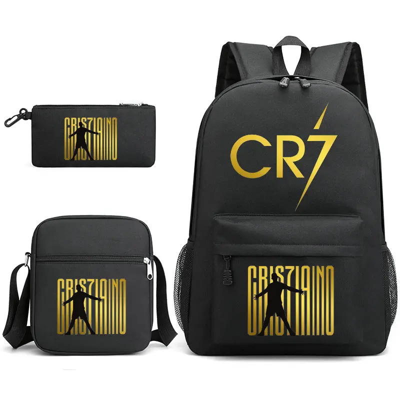 CR7 Estudantes Capacidade School Bags Set, Moda Bookbag, Travel Bag, Shoulder Bag, Pen Bag, Novo, 3Pcs