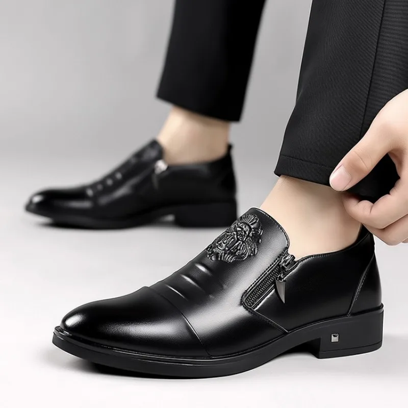 Spring Autumn Fashion Casual Men's Derby Shoes Solid Color New Designer Dress Shoe Male Round Head Zipper Leather Shoes Man image 5
