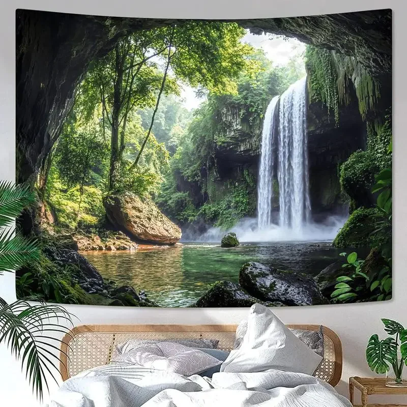 VIKAMA Zen Wild Forest Waterfall Tapestry Misty Cave Scenery Wall Hanging Aesthetic Dorm Bedroom Boho Home Wall Decor Cloth