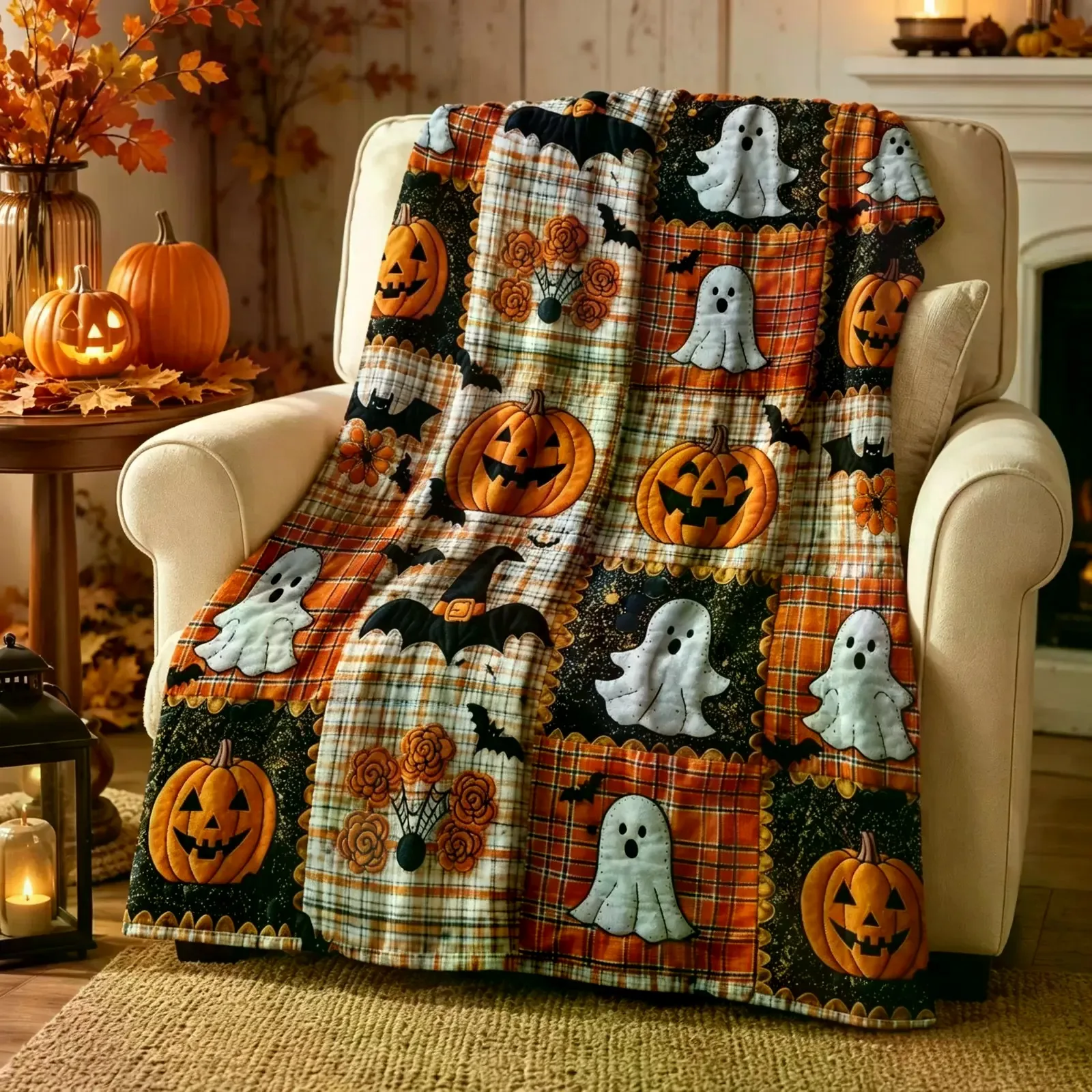 Halloween Pumpkin Ghost Bat Plaid Patchwork Flannel Blanket, Soft Warm Cozy Lightweight Throw Blanket for Kids Adults, Sofa Bed Couch Bedroom Living Room, Fall Autumn Home Decor Halloween Gift