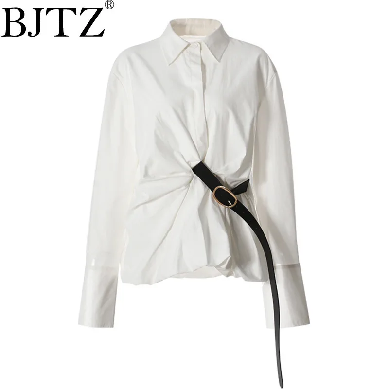 

BJTZ Wrinkled Waist Shirt White Ladies 2025 Spring New Casual Design Sense Belt Decorative Fashion Temperament In The Long Top