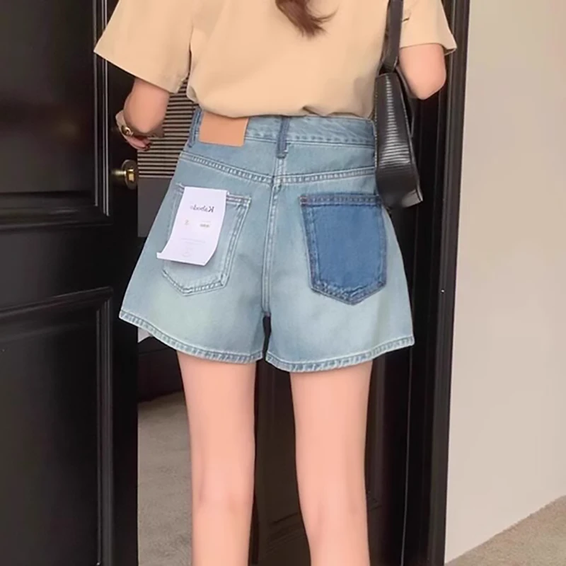 Women's High Waist Denim Shorts Light Wash Contrast Pocket Casual Hot Pants Summer Commuting Loose A-Line Jean Shorts