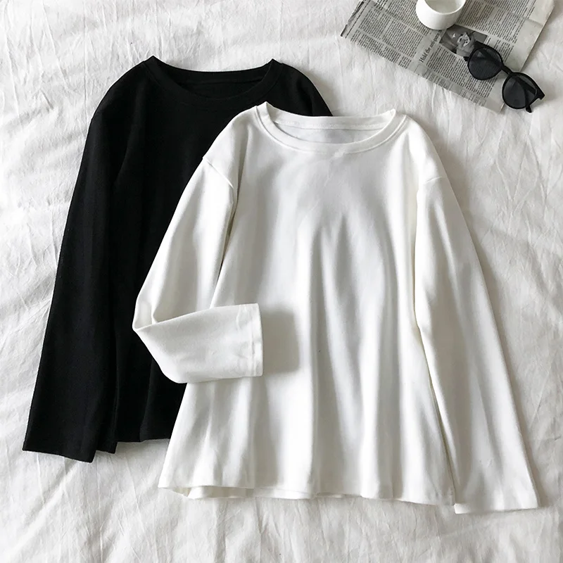 Cotton Long Sleeved T-shirt  Women Spring Autumn Winter Solidr O-Neck Base Shirt Loose Versatile Korean Version T-shirt Top