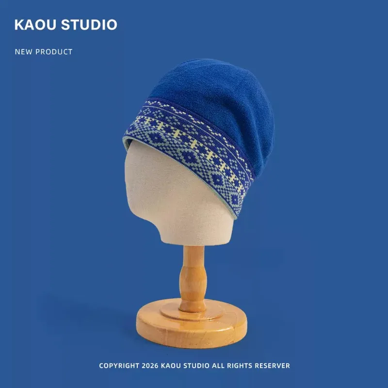 Retro Fair Isle Geometric Pattern Fleece Beanies Unisex Winter Warm Knit Edge Hat Outdoor Windproof Ski Hiking Cap Men Women