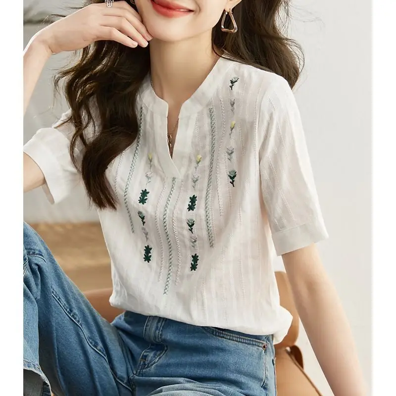 

100% Pure Cotton Short Sleeve V-neck Shirt for Women Summer Embroidered Versatile Loose Ethnic Style Tops Fashion Women Clothing