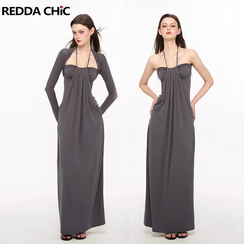 REDDACHiC Elegante Gevlochten Bolero Jurk Set Casual Modal Extra crop Vest Shirring Corset Maxi Halter Jurk Dames Dagelijks gebruik