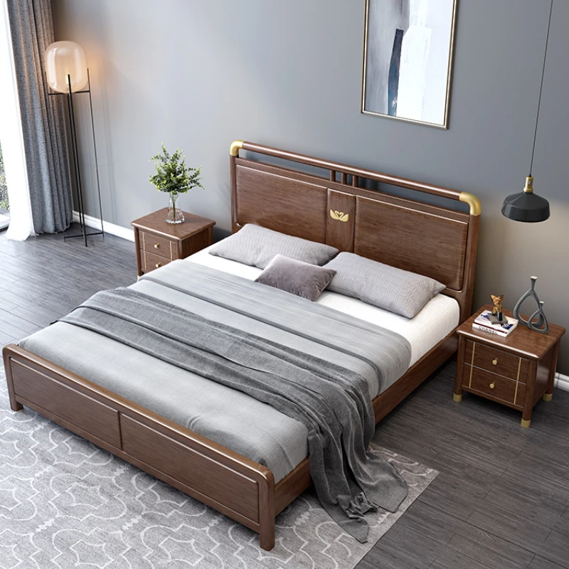 New Chinese Style Solid Wood Bed Walnut Master Bedroom Double Storage Bed Economical