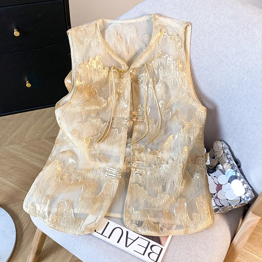New Chinese Style Handmade Button up Shirt Small Stand Collar Mountain Sequin Vest Coat Open Cardigan Traditional Ethnic Wome...