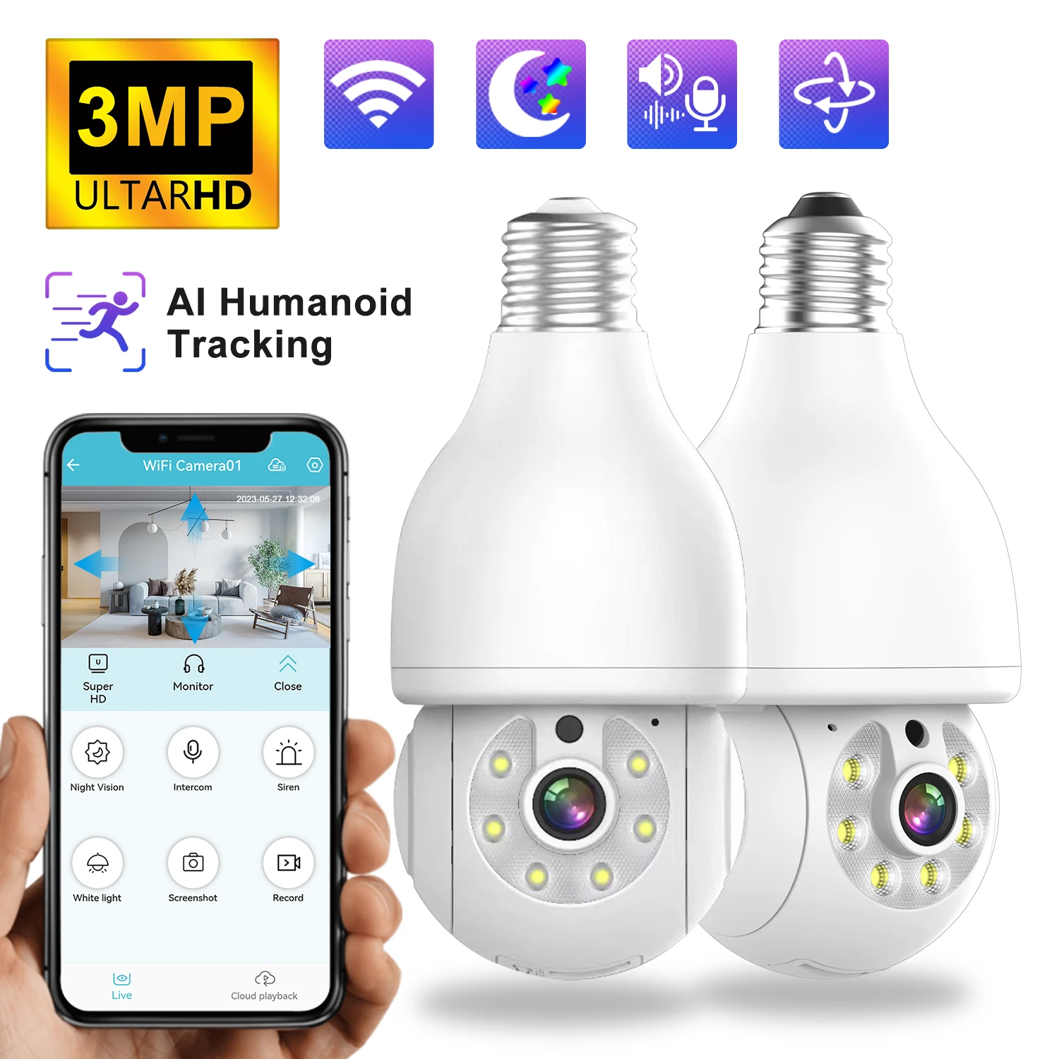 

WiFi Camera 3MP Lamp Head Socket Wireless PTZ Dome Camera AI Humanoid Detection Home Security CCTV Baby Monitor Bulb ip camera