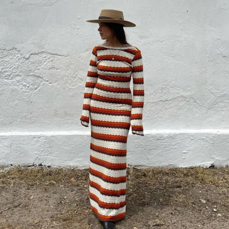 Knitted Striped Backless Maxi Dress Women Crochet Hollowed Out Flared Sleeves Ruffle Vestidos O-neck Long Dress Vacation Robe