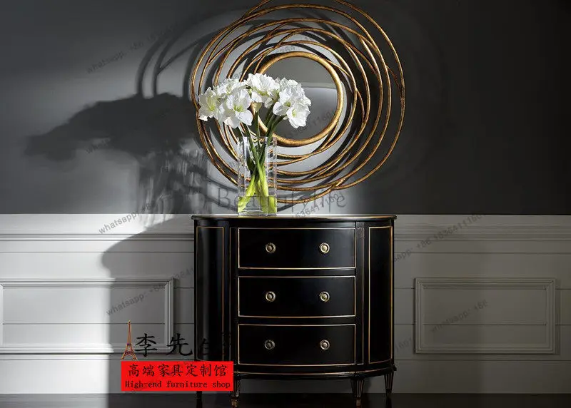 

American solid wood semi-round black porch cabinet retro gold-painted locker