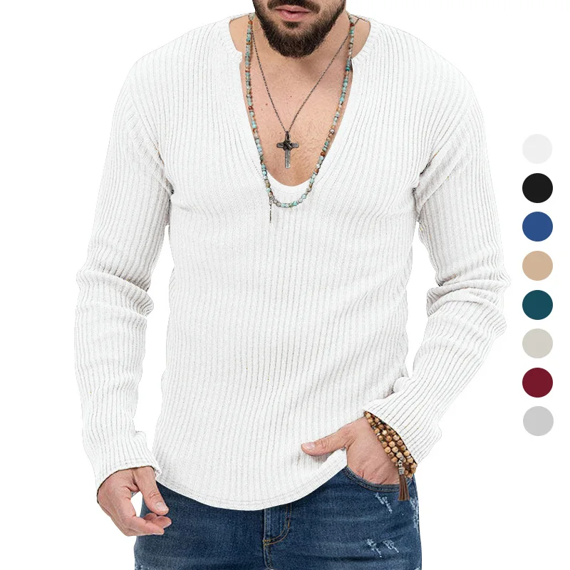 GELITAYIN Europe And America Men's Long SleeveTT-shirt Spring And Autumn Trends DeepVCollar New Solid Color Knitted Long-Slee