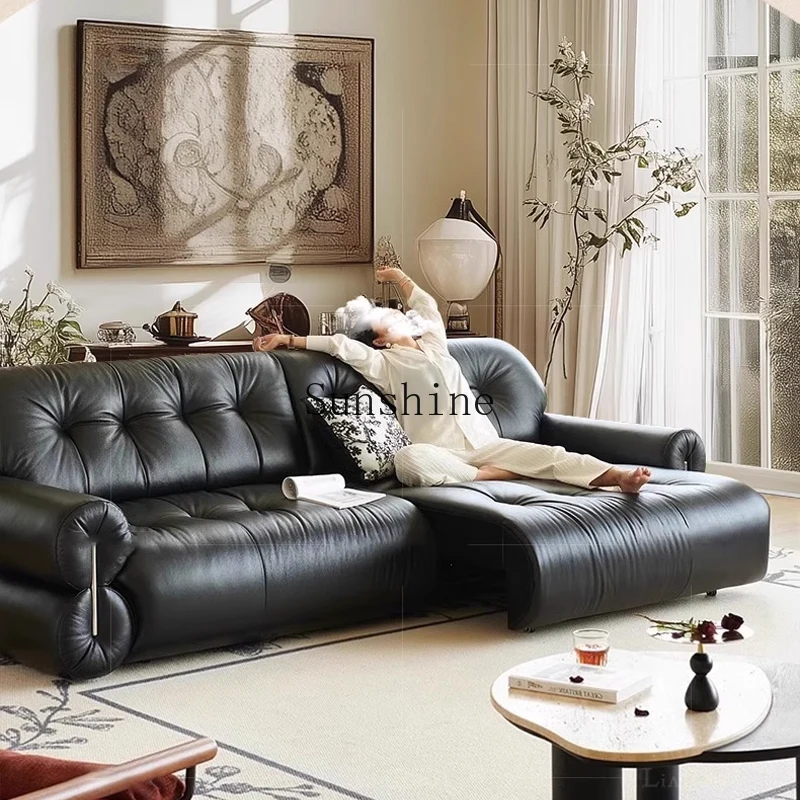 Living room French brown sugar electric telescopic straight push cloud black leather functional sofa bed