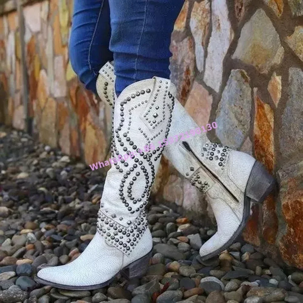 

Rivet Knight Boots Cowgirls Round Toe Chunky Heels Zipper Knee High Boots Retro Cowgirls West Style Hotties Distress Boots 2025