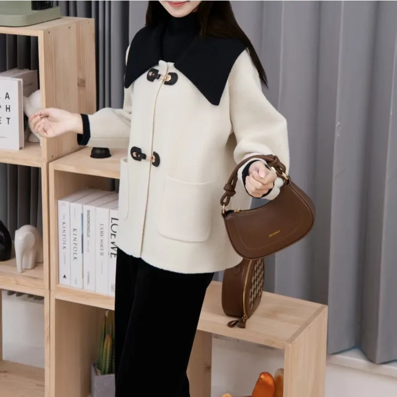 

New Korean Chic Vintage Peter Pan Collar Tweed Woolen Jacket Coat Women Autumn Winter Single Breasted Pockets Outwear Coat