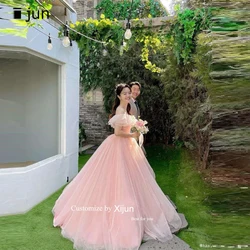 Xijun Elegant Blush Pink Long Korea Prom Evening Dresses Off the Shoulder Tulle Sleeves Formal Party Gowns Garden Bride Dresses